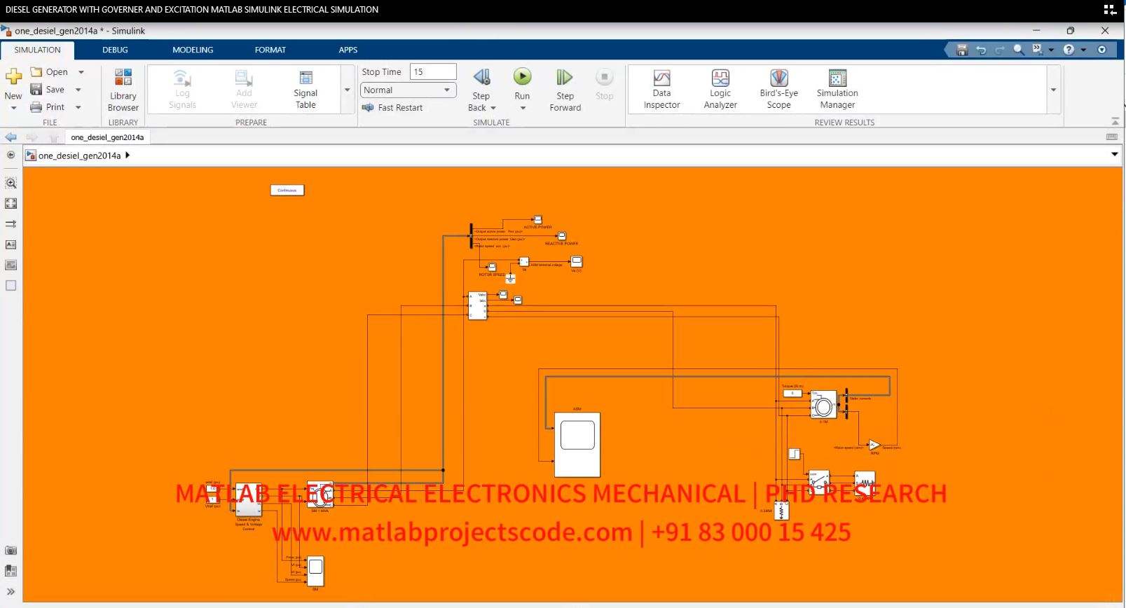 DIESEL GENERATOR WITH GOVERNER AND EXCITATION MATLAB SIMULINK ELECTRICAL SIMULATION